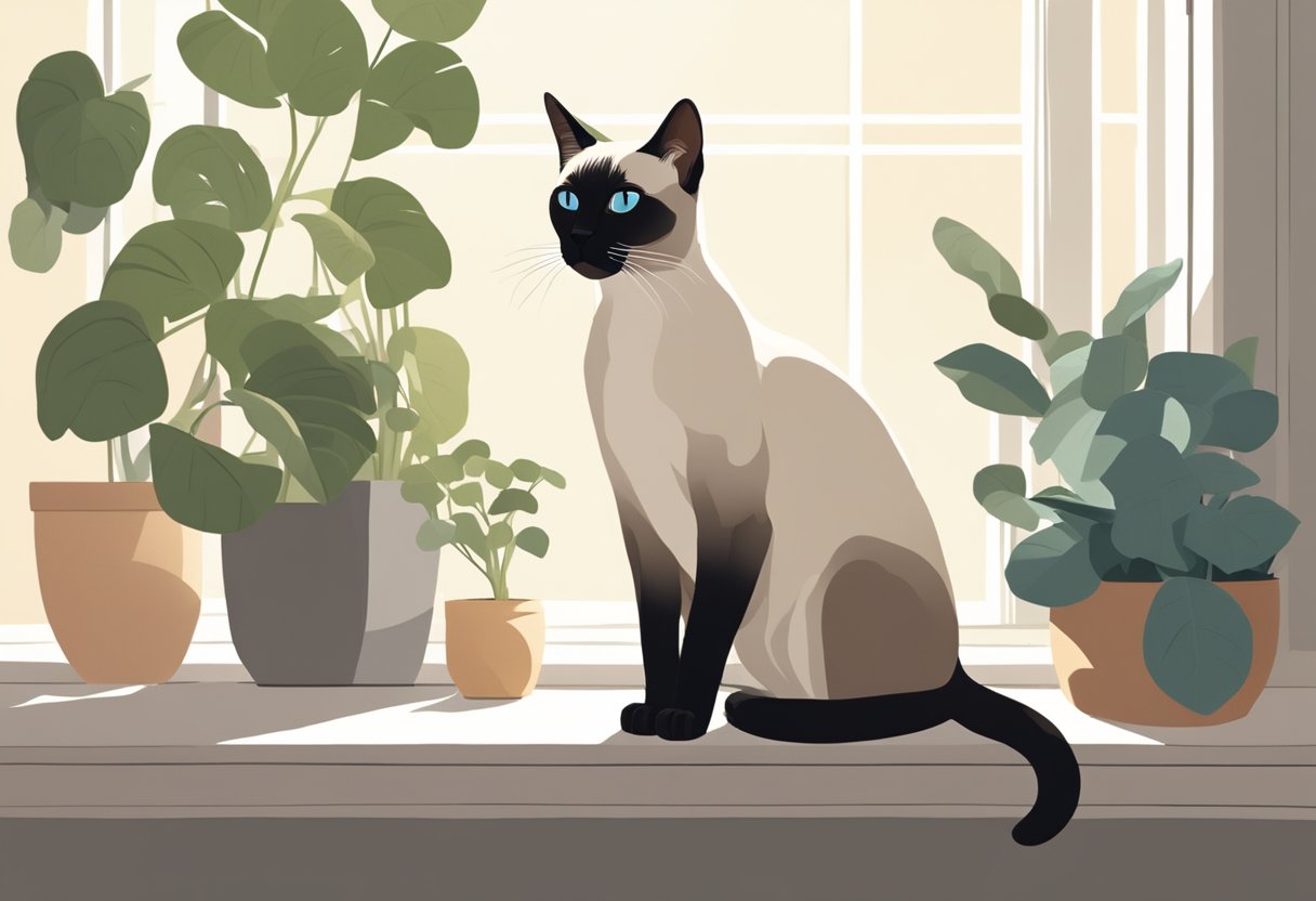 A Siamese cat sits in a sunlit room, surrounded by minimal furniture and plants. Its sleek, short fur glistens in the light, with minimal shedding evident