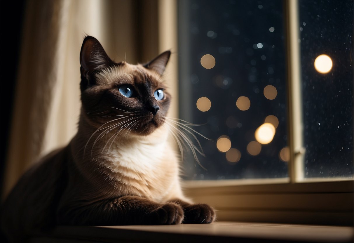 A Siamese cat with big ears sitting on a windowsill, gazing out at a full moon with a curious expression