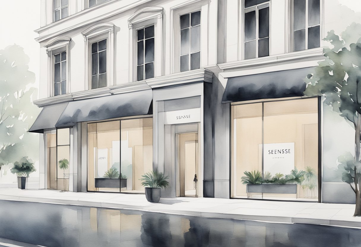 A sleek, modern storefront with the SSENSE logo prominently displayed. Clean lines and minimalistic design convey a sense of luxury and sophistication