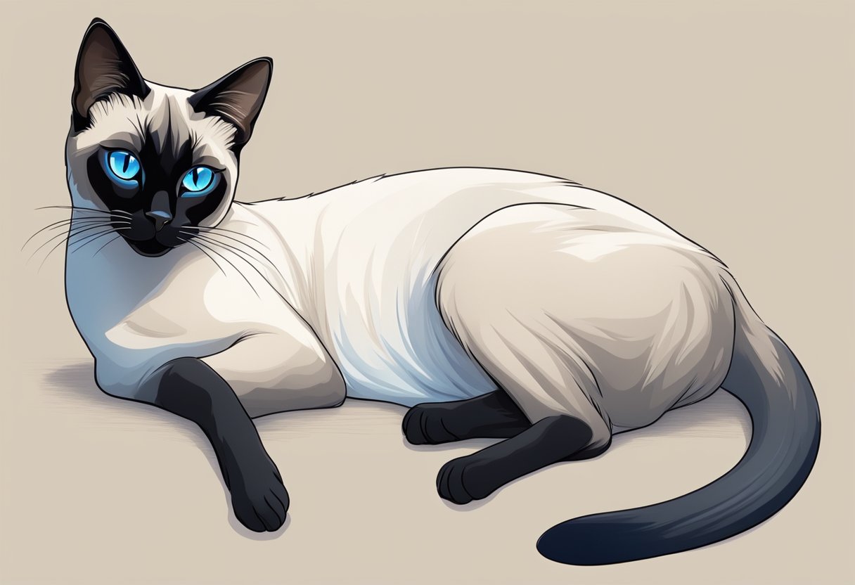 A Siamese cat lounges gracefully, its sleek body and striking blue eyes capturing attention. Its long, slender tail curls elegantly as it emits a soft, melodious purr