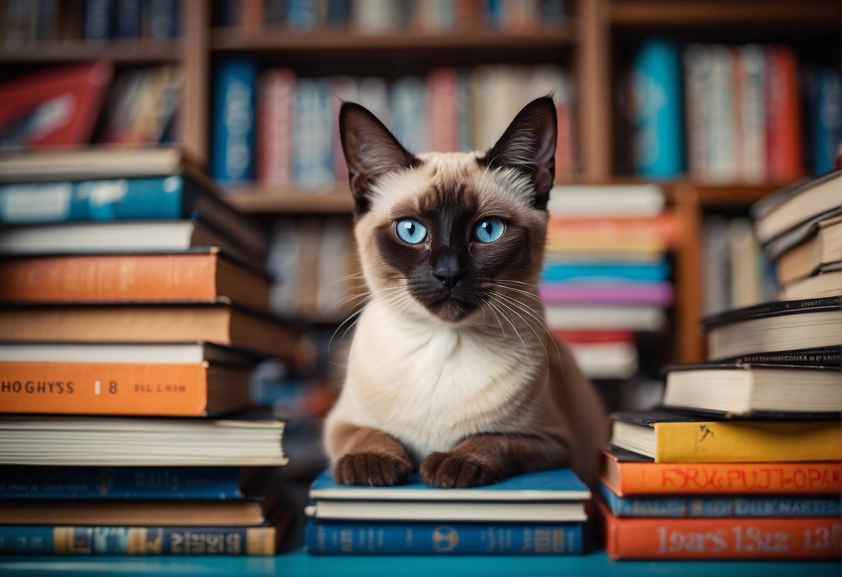 A Siamese cat with big ears sits atop a colorful stack of books, surrounded by iconic pop culture symbols like vinyl records and movie posters