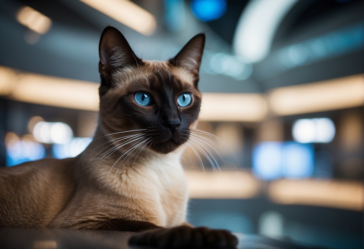 A Siamese cat with large ears sits in a futuristic setting, surrounded by advanced technology and sleek, modern architecture