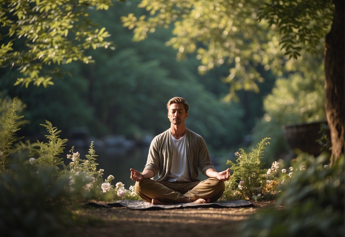 A peaceful setting with a person meditating surrounded by calming elements like nature, soothing colors, and symbols of self-improvement
