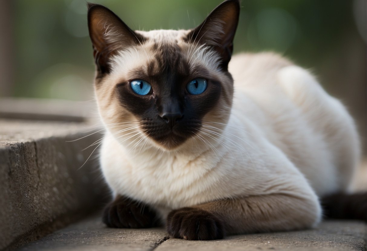 A Siamese cat with big ears sits gracefully, its sleek body and striking blue eyes capturing attention