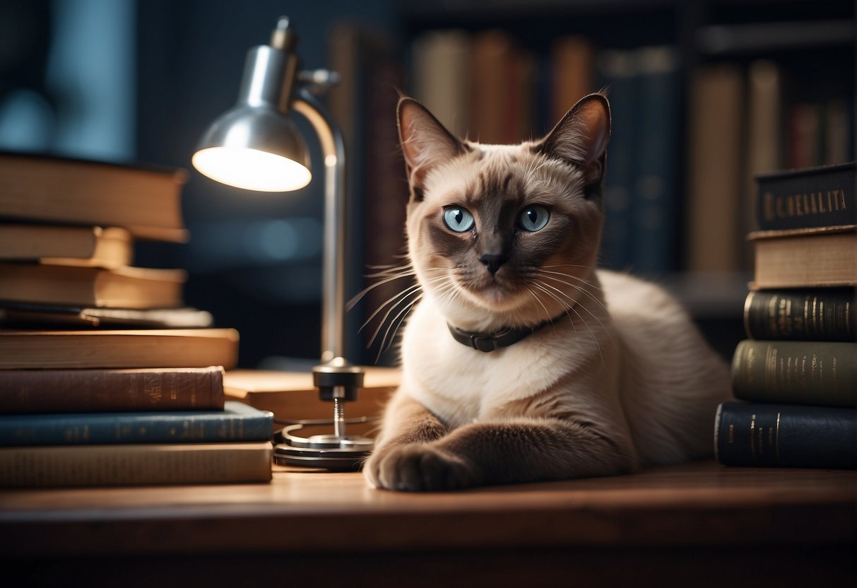 A Siamese cat with big ears sits next to a microscope, surrounded by books and scientific equipment. The cat looks curious and engaged in the scientific process