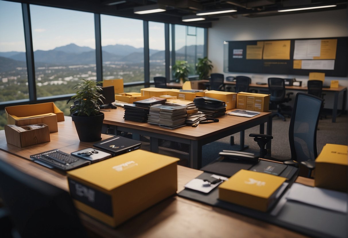 Rockstar Games' parent company, Take-Two, announces layoffs and project cancellations. The scene could feature a corporate office with employees packing up and project boards being taken down
