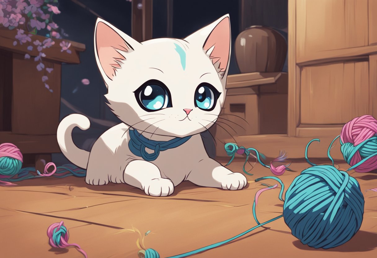 A Siamese kitten plays with a ball of yarn, knocking over a vase in the process. The mischievous feline looks up with innocent eyes, surrounded by chaos