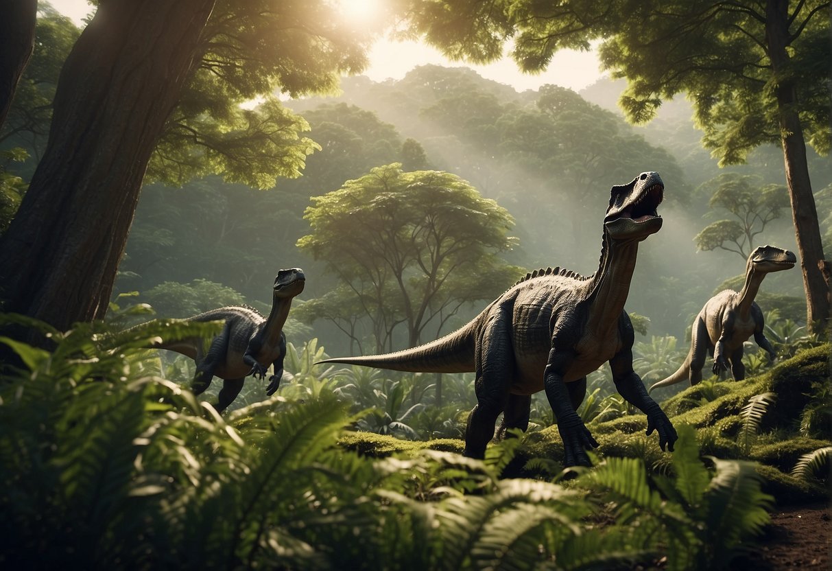 A group of dinosaurs roam through a prehistoric landscape, with lush greenery and towering trees in the background. The dinosaurs are depicted in various sizes and species, creating a sense of danger and excitement