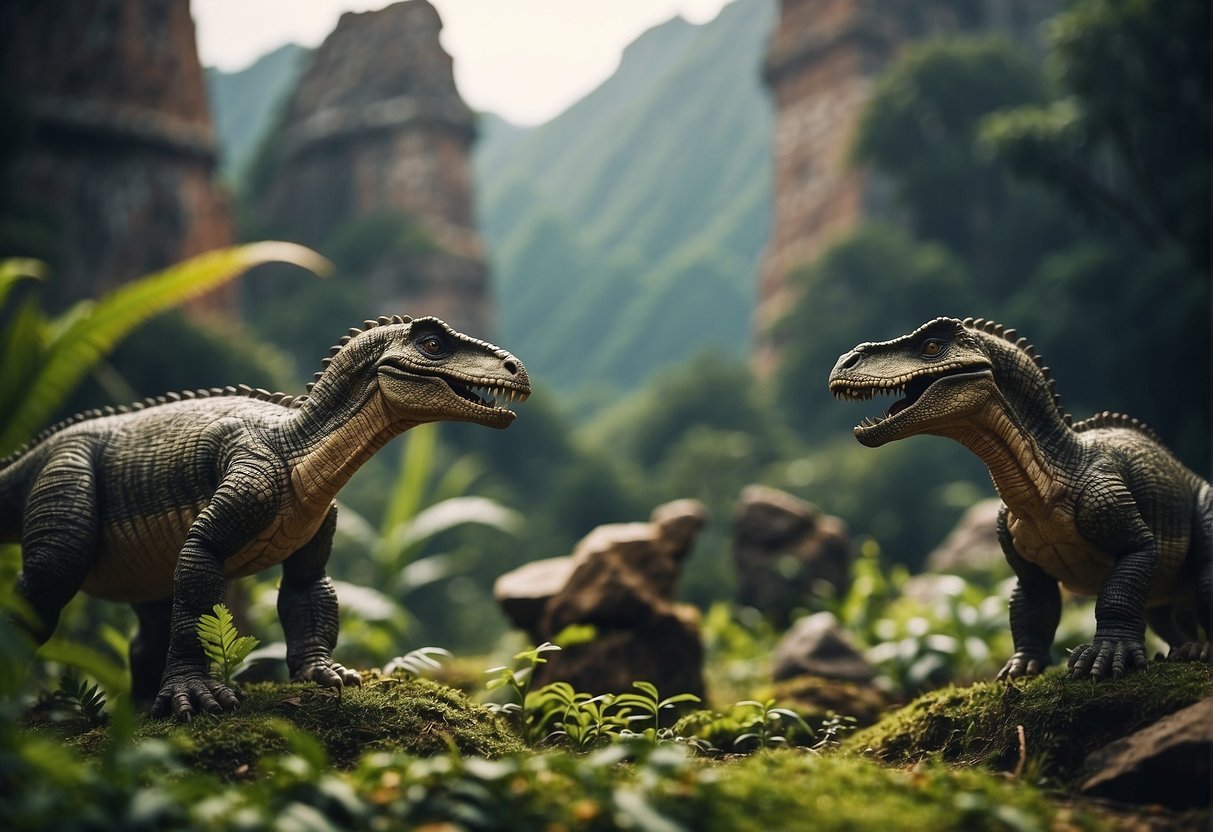 A prehistoric landscape with dinosaurs roaming among lush vegetation and ancient ruins