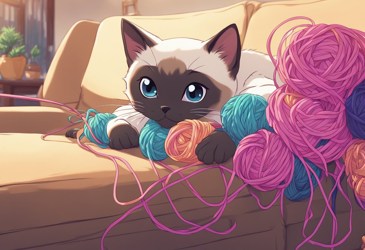 A Siamese kitten plays on a sofa, knocking over a vase and tangled in yarn