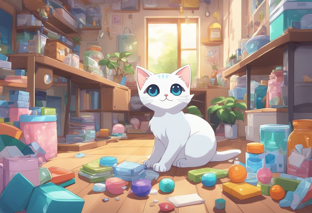 A playful Siamese kitten explores a bright, cluttered room with scattered health hazards and wellness items