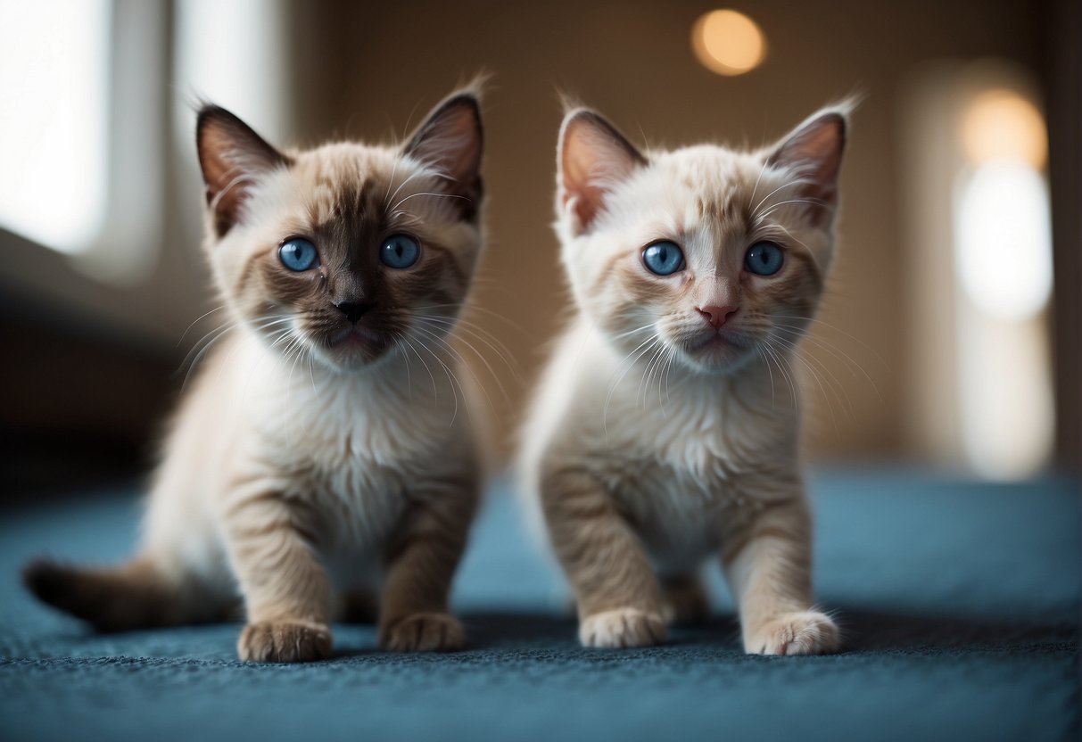 Two Siamese mix kittens playfully chasing each other around a room, their tails held high and their bright blue eyes full of curiosity and mischief