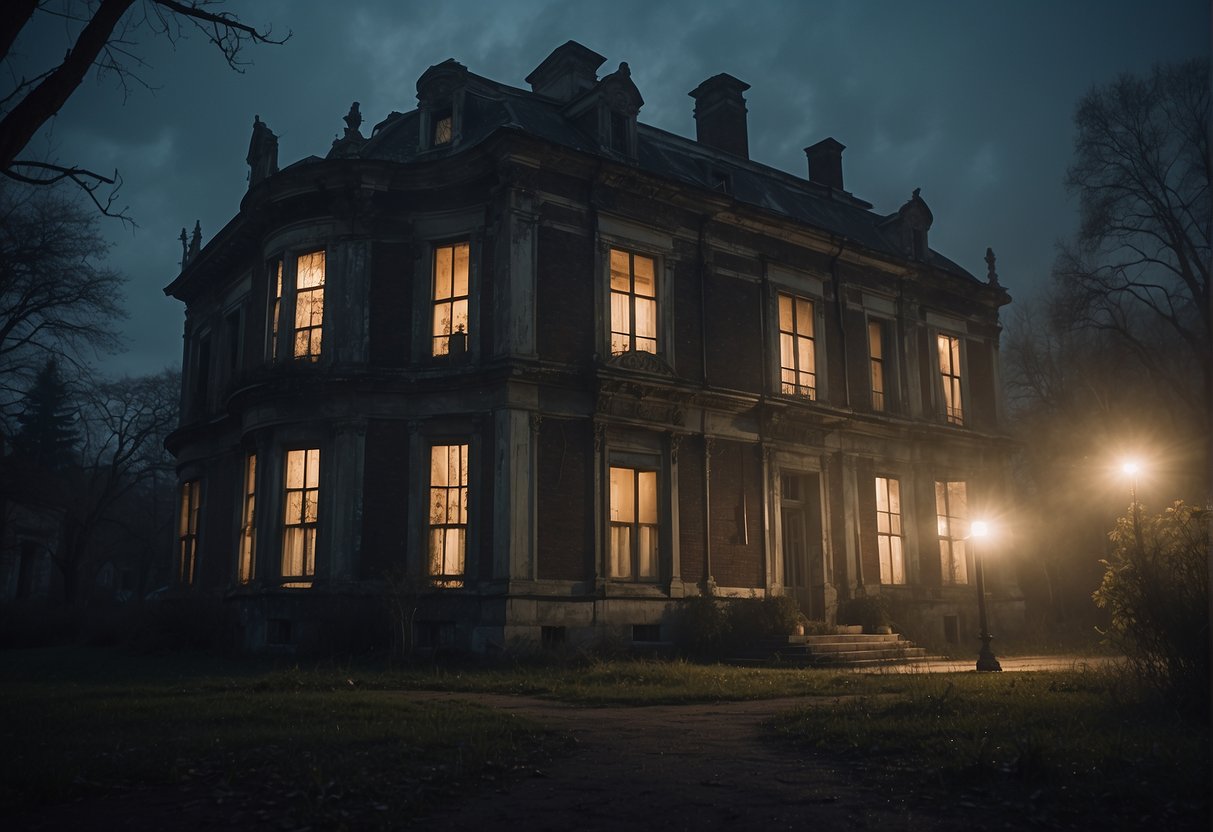 A dark, abandoned mansion with eerie lighting and scattered zombie corpses