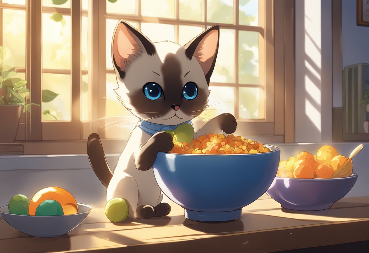 A Siamese kitten eagerly eats from a bowl of nutritious food, while playfully batting at a dangling toy. Sunlight streams in through a nearby window, casting a warm glow over the scene