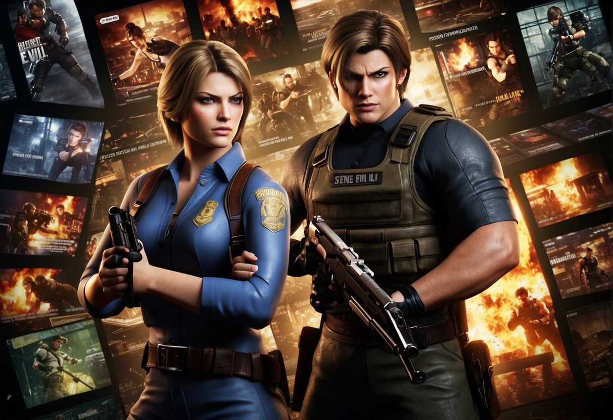 The scene depicts the evolution of Resident Evil games, showcasing various game covers and characters, with a focus on the progression of technology and storytelling
