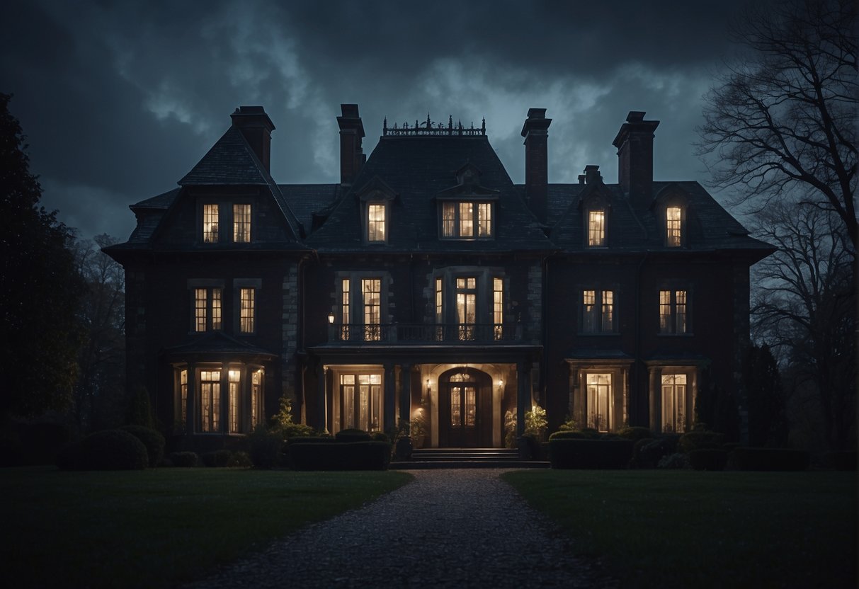 A dark, eerie mansion with flickering lights and ominous shadows. A sense of dread and tension fills the air as strange creatures lurk in the corners