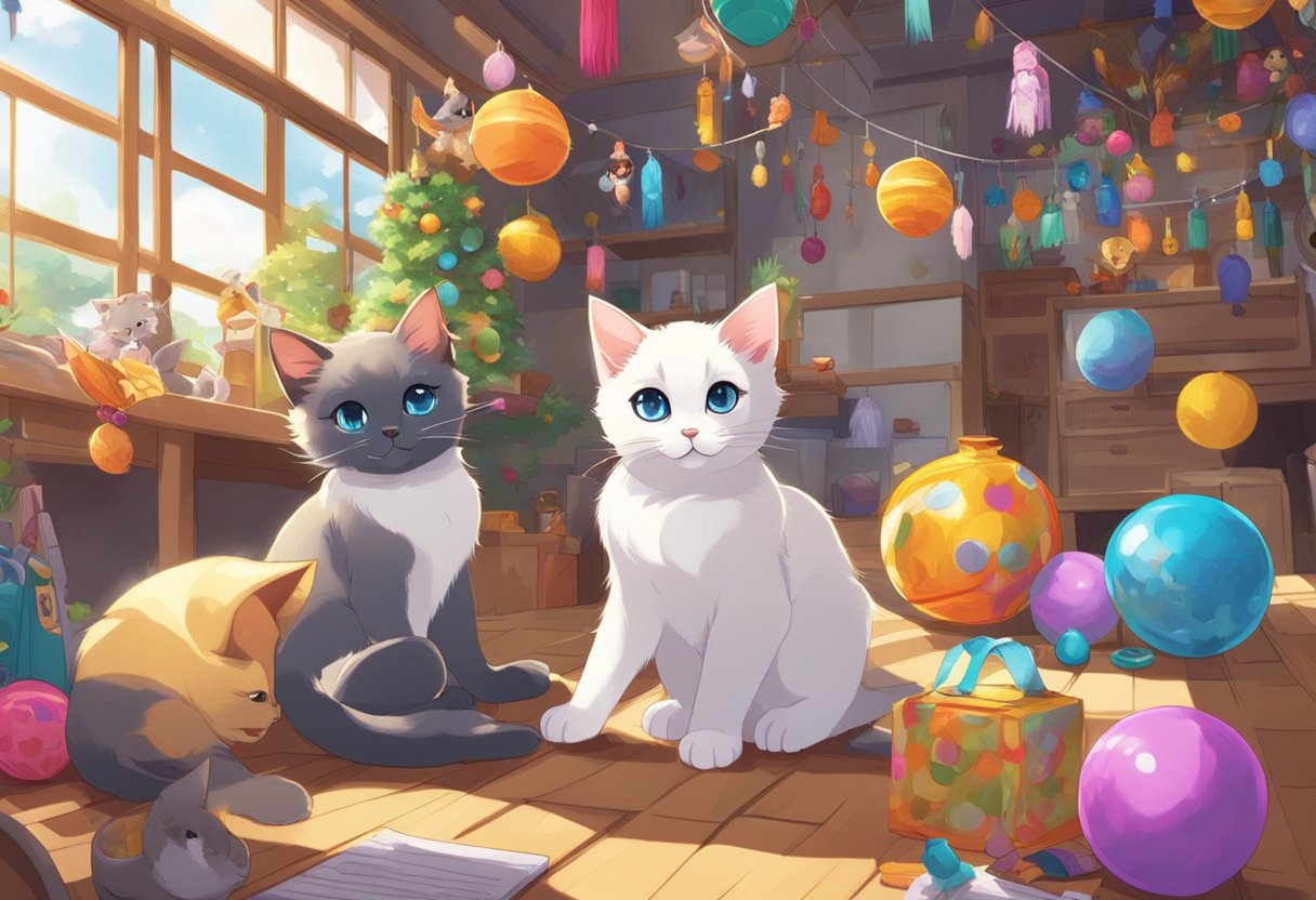 Siamese kittens playfully interact with toys and climb on a cat-themed calendar, surrounded by colorful decorations and cat-themed accessories