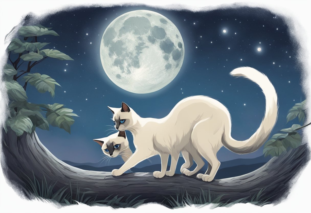 Two Siamese cats yowling in the moonlight, their bodies tense and arched, as they respond to the call of the wild