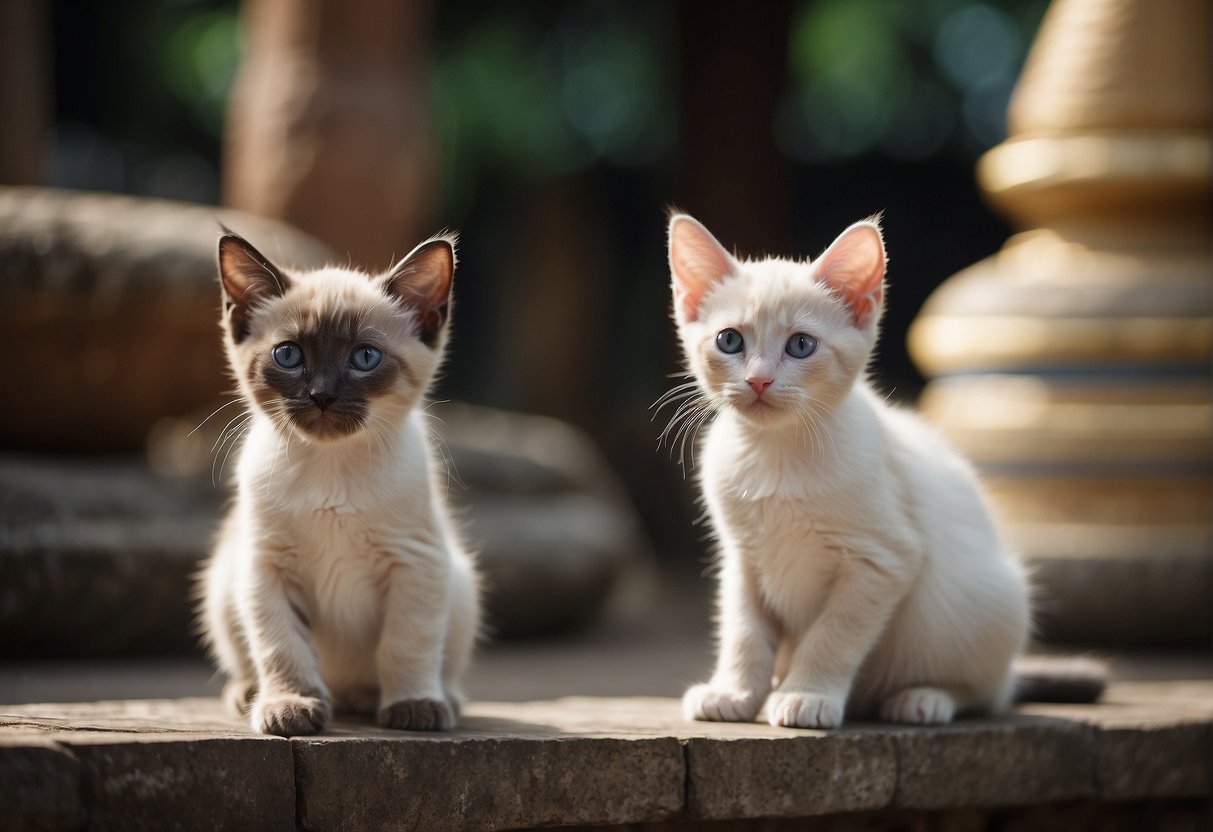 Siamese mix kittens play among ancient Thai artifacts and traditional Siamese architecture