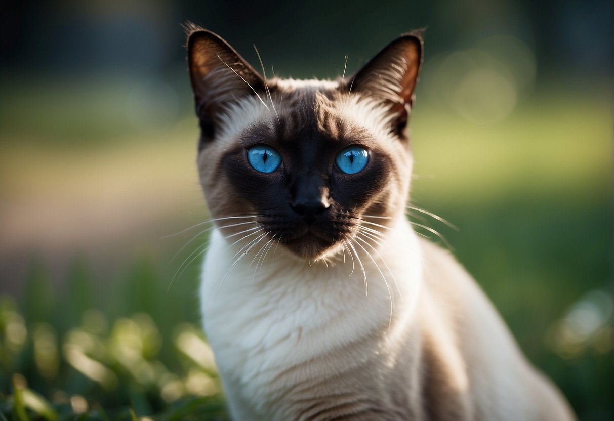 A Siamese cat with sleek, slender body and bright blue eyes, exuding confidence and intelligence