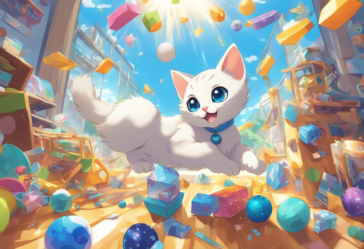 A playful Siamese kitten leaps among scattered toys in a sunlit room, mischief twinkling in its bright blue eyes