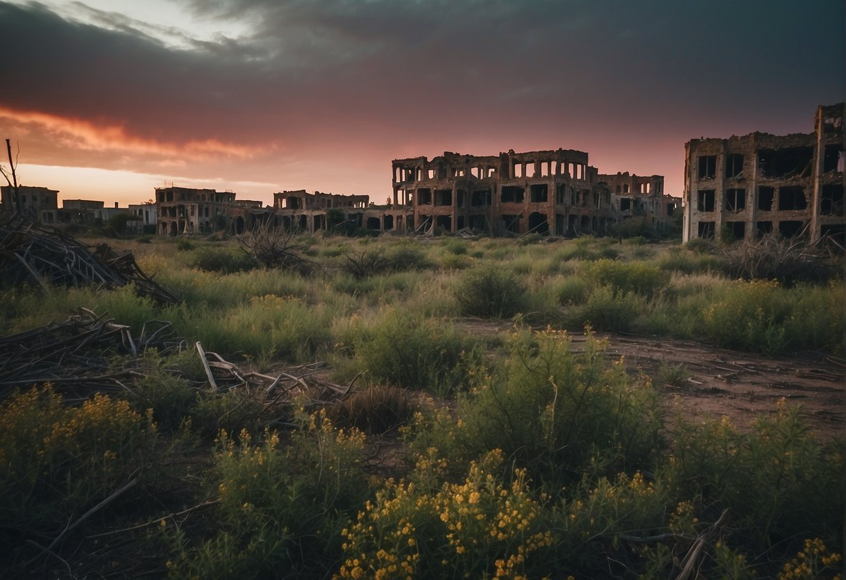 A desolate wasteland with crumbling buildings, overgrown vegetation, and a red, ominous sky. The scene is filled with remnants of a once thriving civilization, now left in ruins