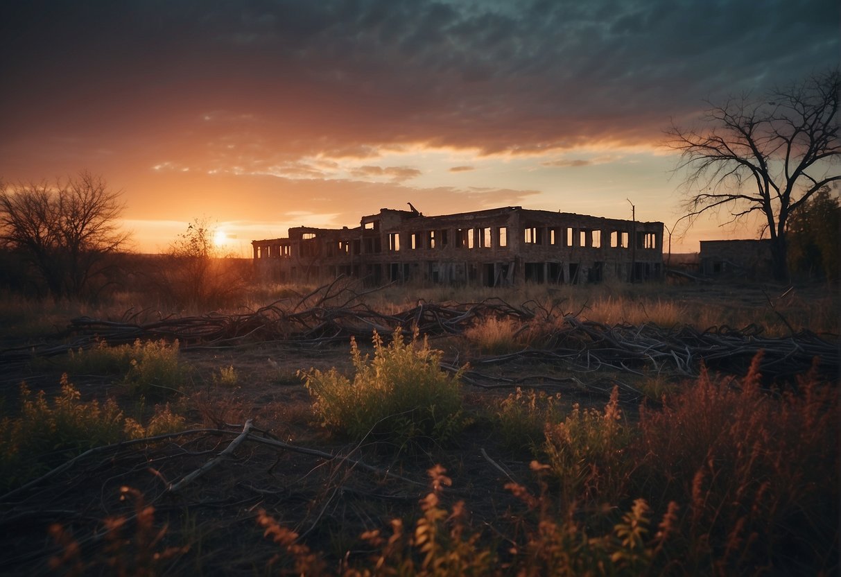 A desolate landscape with crumbling buildings, twisted metal, and overgrown vegetation, under a red-tinged sky