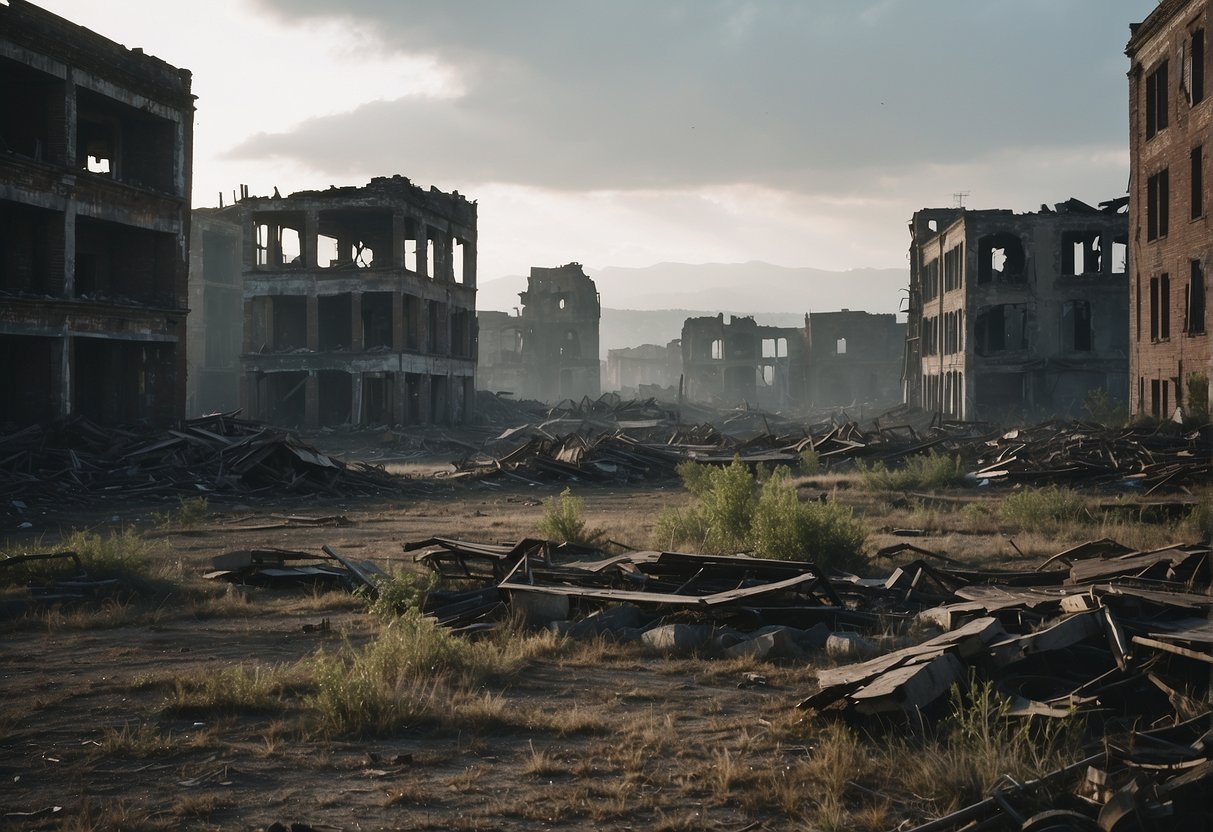 A desolate landscape with crumbling buildings, twisted metal, and a hazy sky. The remnants of a once thriving world now lay in ruins