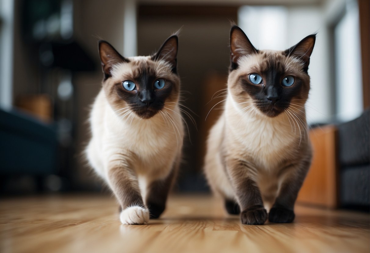 Two Siamese cats playfully chasing each other around a room, jumping and pouncing with high energy and curiosity