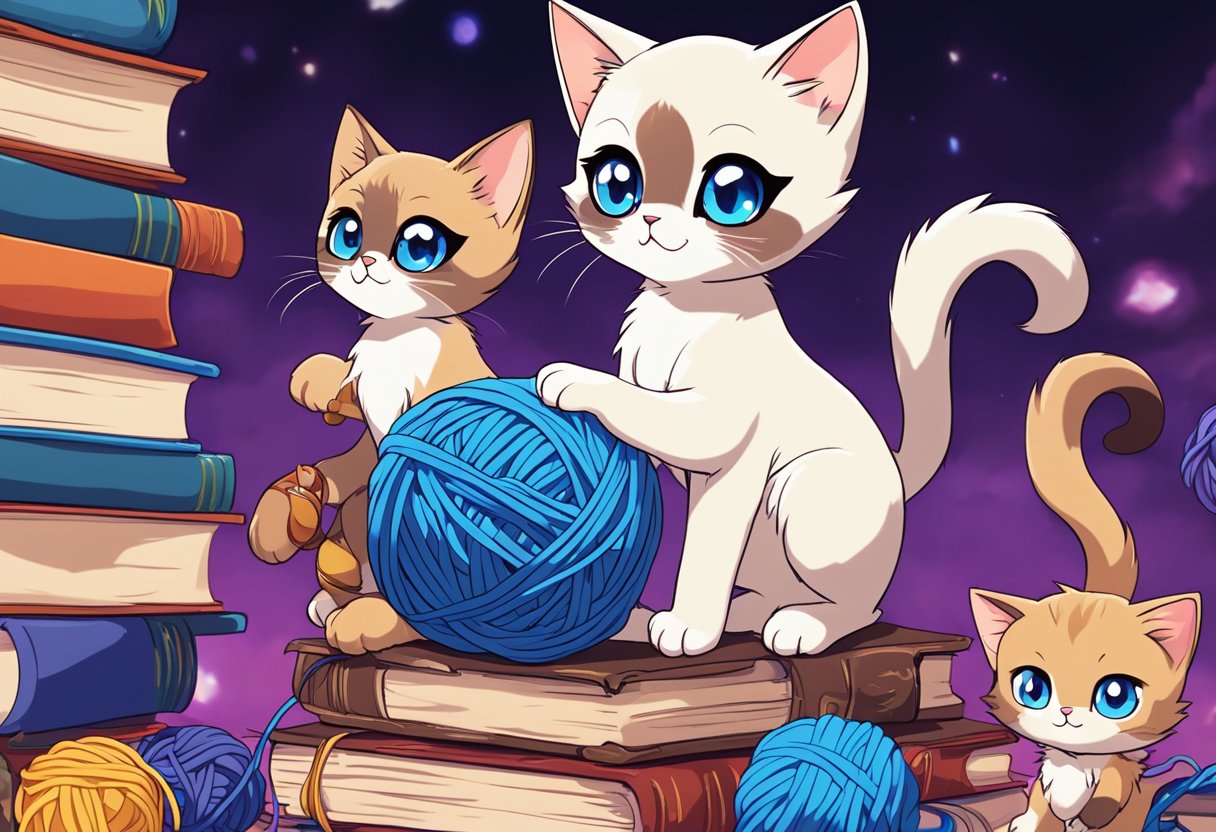 A Siamese kitten with bright blue eyes plays with a ball of yarn, while another perches on a stack of books, batting at a dangling toy