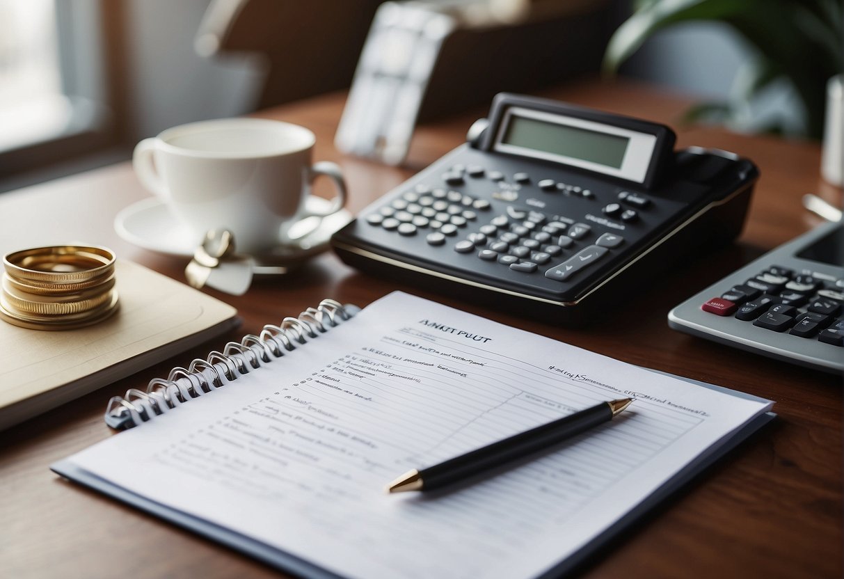 A desk with a strategic planning document and a to-do list, surrounded by organized office supplies and a clock