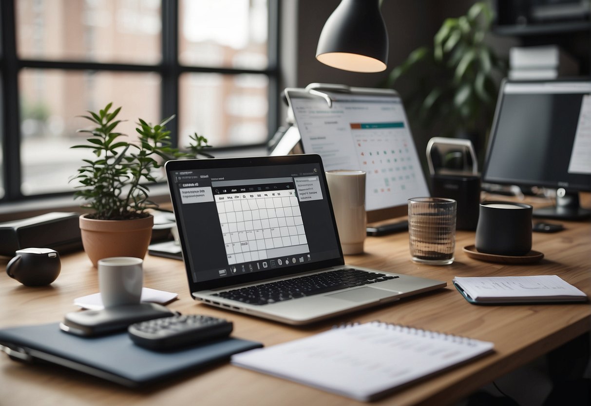 A cluttered desk with a calendar, clock, and to-do list. A computer screen displays a productivity app. The workspace is tidy and efficient, with labeled folders and a well-organized filing system