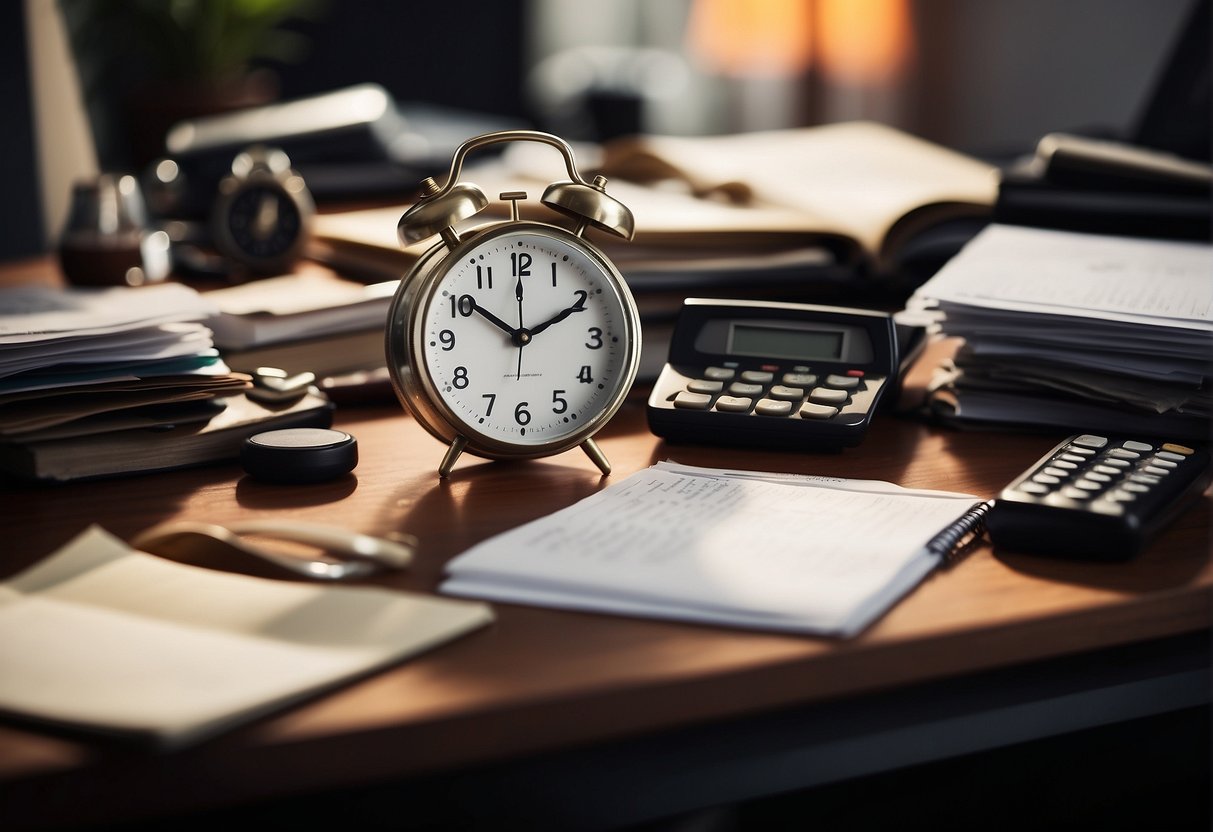 A cluttered desk with scattered papers and a clock ticking in the background. A clear to-do list and a focused individual working diligently