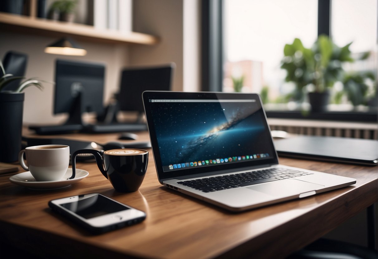 A desk with a computer, notebook, and pen. A clock on the wall. A phone and a cup of coffee. Bright, organized, and productive workspace