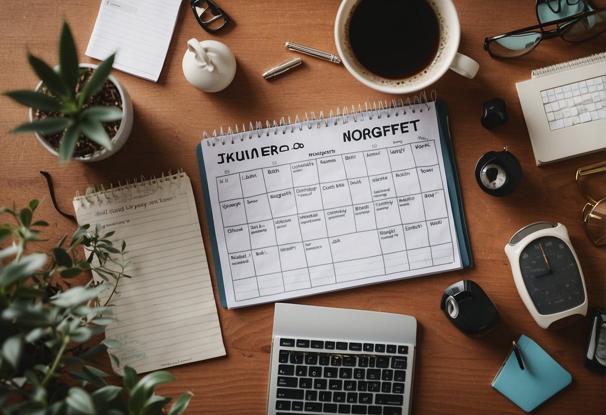 A cluttered desk with overflowing to-do lists, a calendar with overlapping appointments, and a person confidently saying "no" to an excessive workload