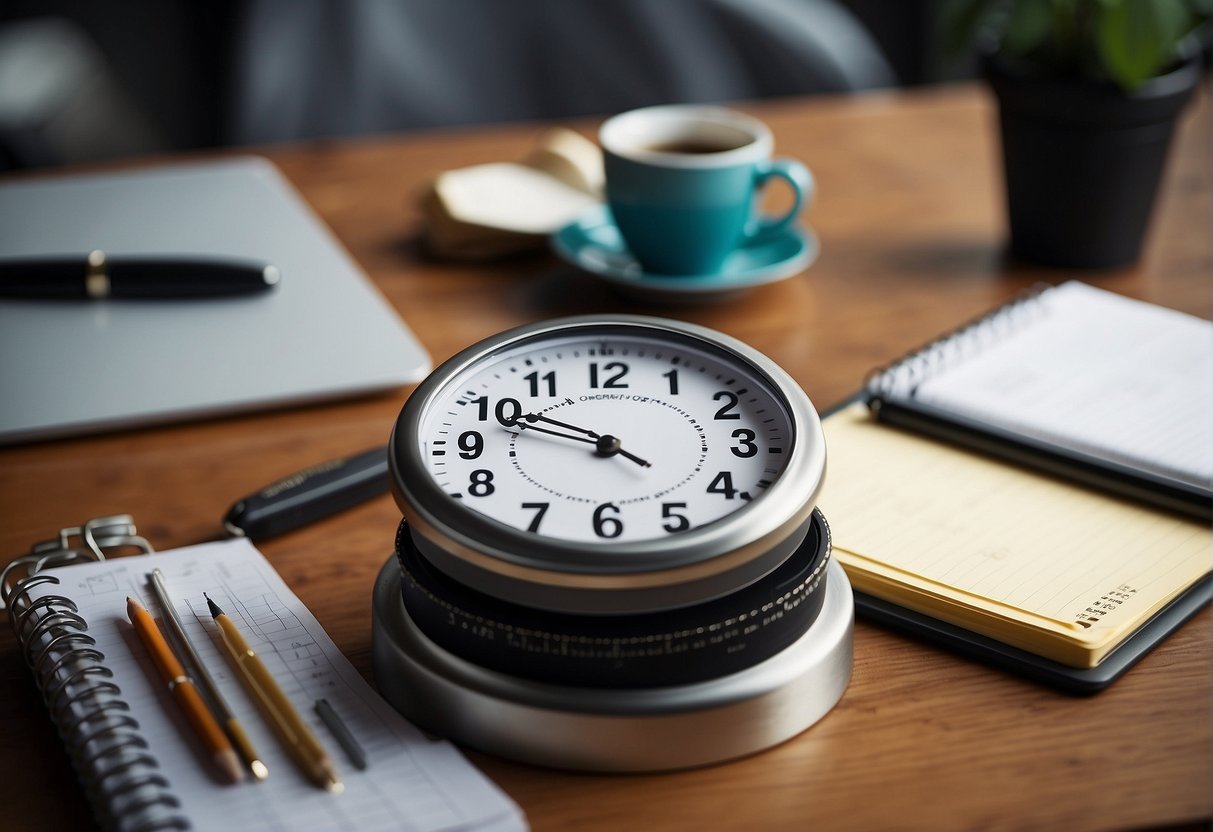 A well-organized desk with a calendar, to-do list, and neatly arranged office supplies. A clock on the wall shows a productive day ahead