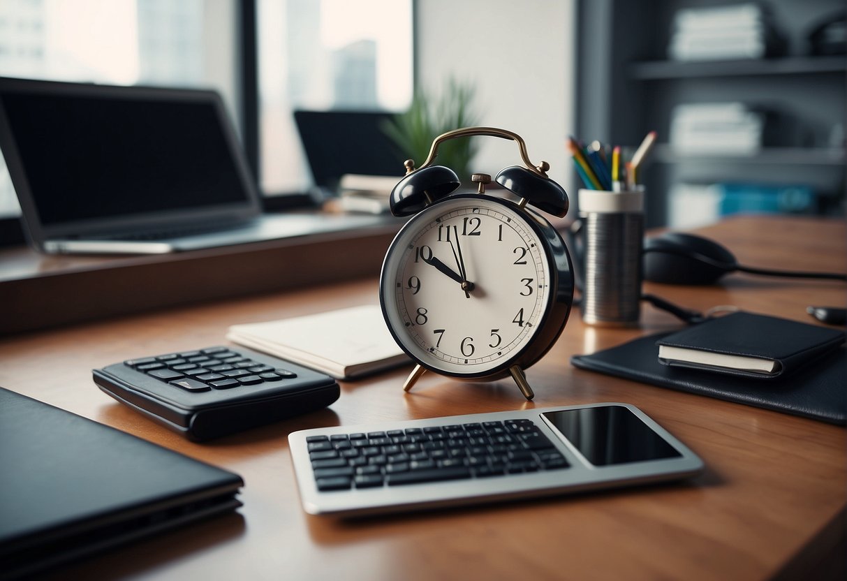 A desk with a neatly organized workspace, featuring a computer, notebook, and pen. A clock on the wall shows efficient time management