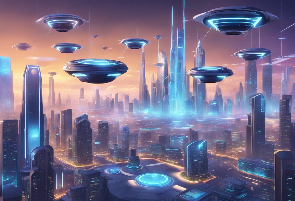 A futuristic cityscape with holographic projections and AI-controlled drones flying around. Virtual reality headsets and motion capture equipment are visible in a high-tech game development studio