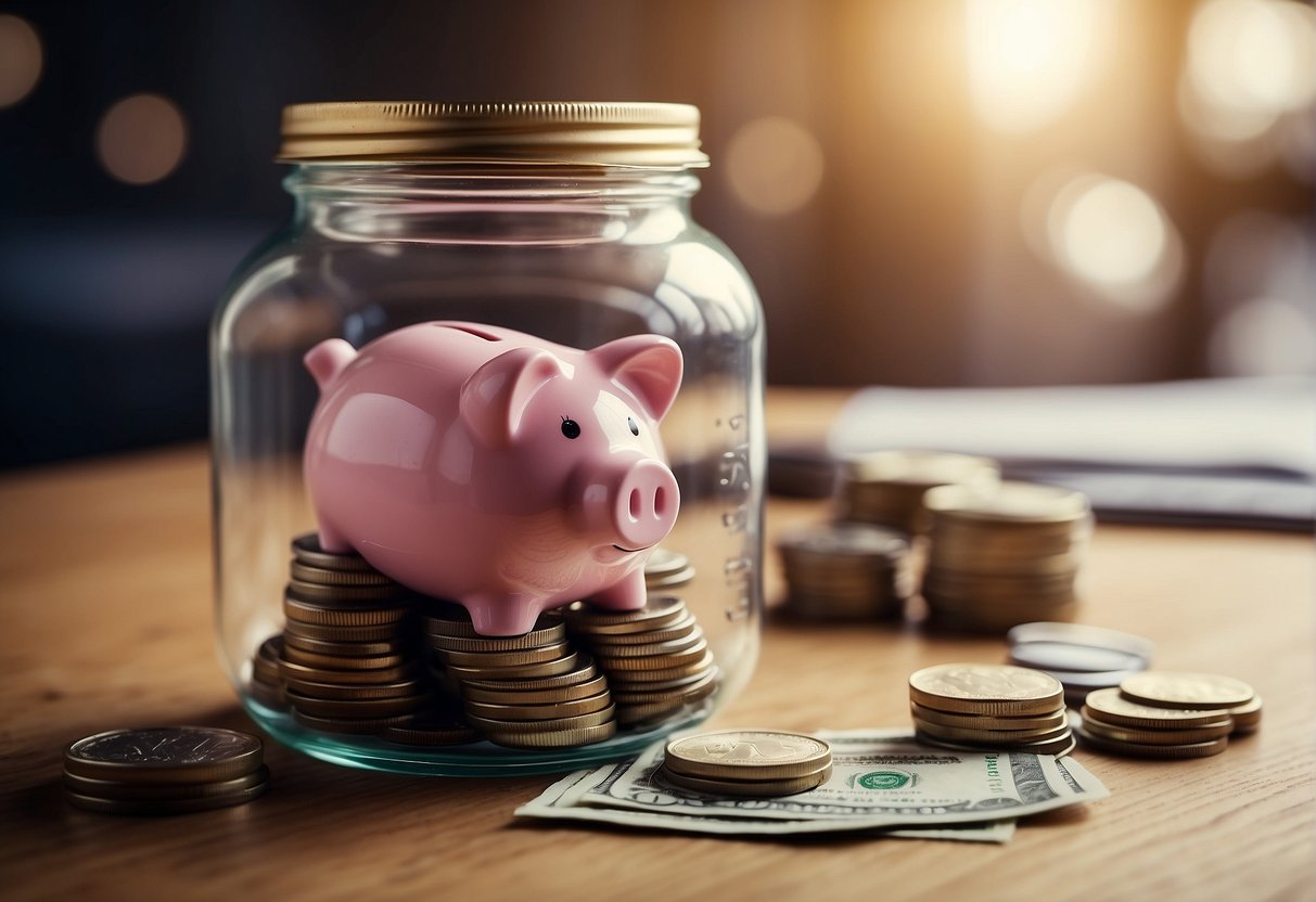 A piggy bank sits atop a pile of coins, surrounded by a stack of bills and a list of financial goals. A hand reaches for a jar labeled "savings" in the background