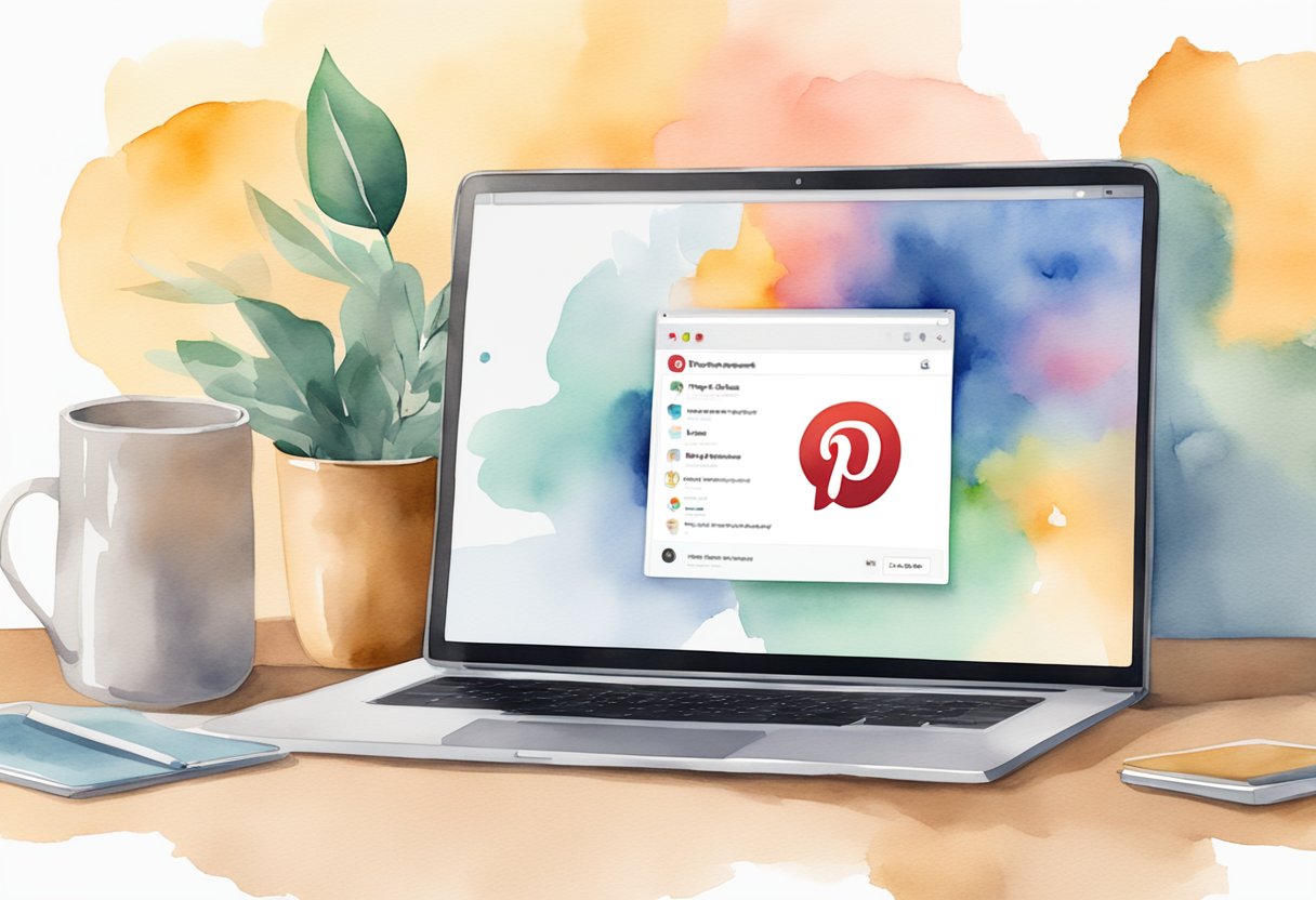 A laptop screen displaying the Pinterest logo with a Chrome browser window open, showing the extension icon and a seamless integration with the browser interface
