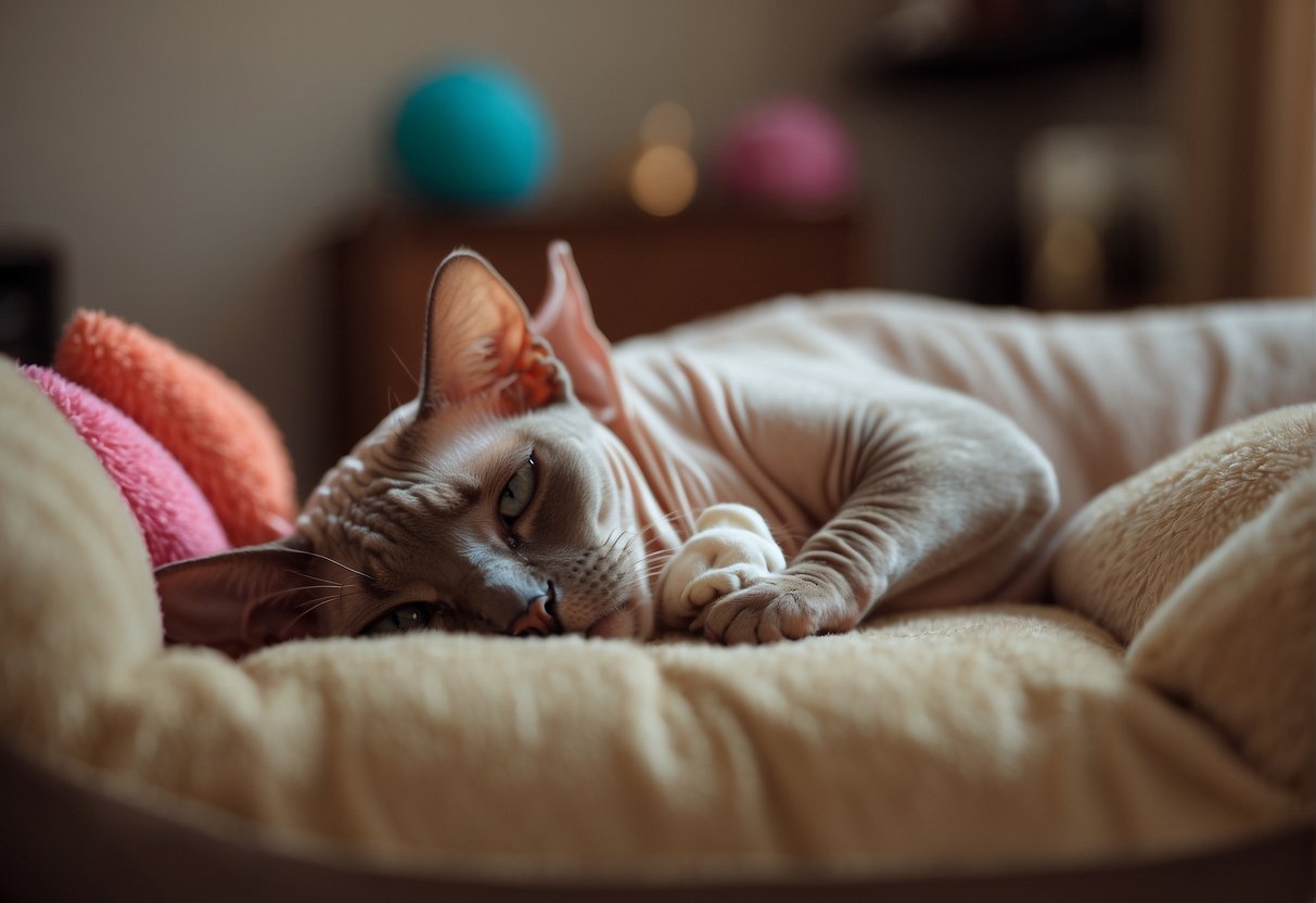 A Siamese Sphynx cat lounges on a plush cushion, surrounded by toys and a scratching post. Its owner brushes its sleek, hairless body while the cat purrs contentedly