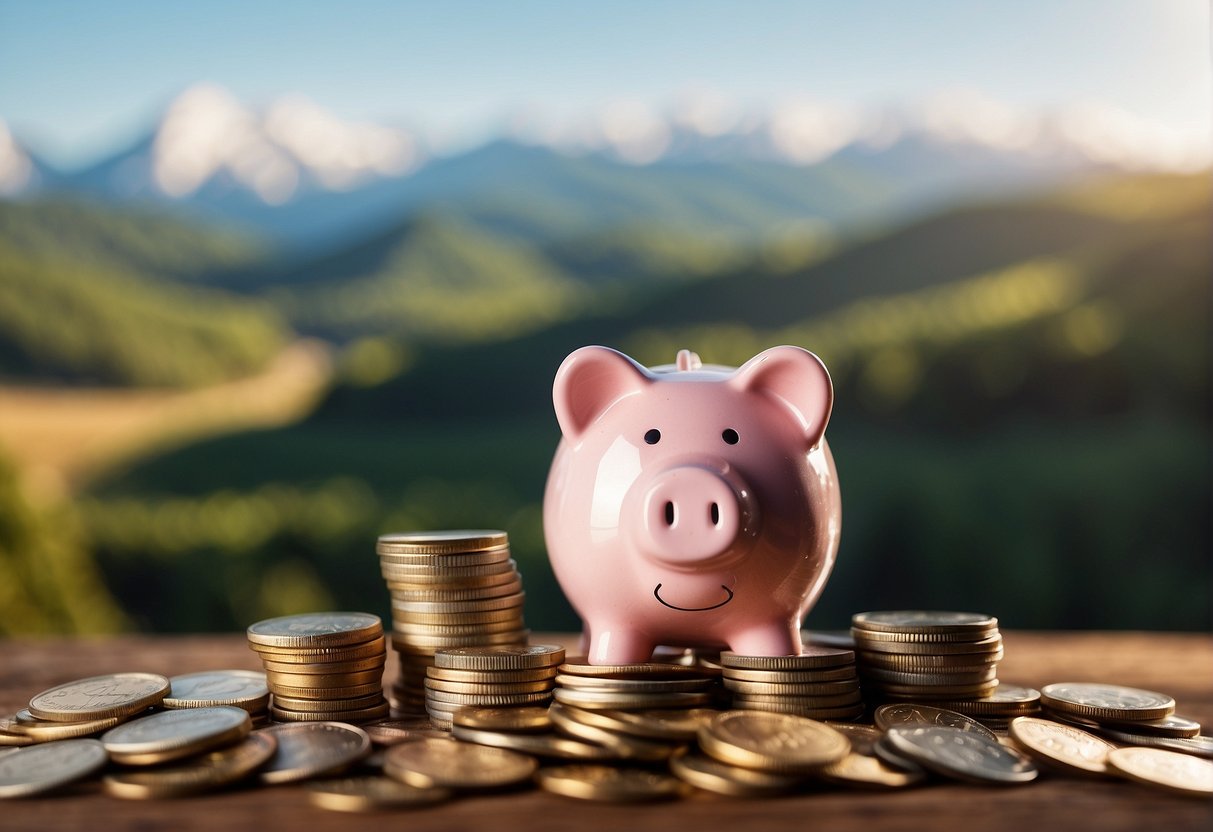 A piggy bank sits atop a stack of coins, surrounded by a growing pile of savings. A dreamy landscape in the background symbolizes the achievement of financial goals