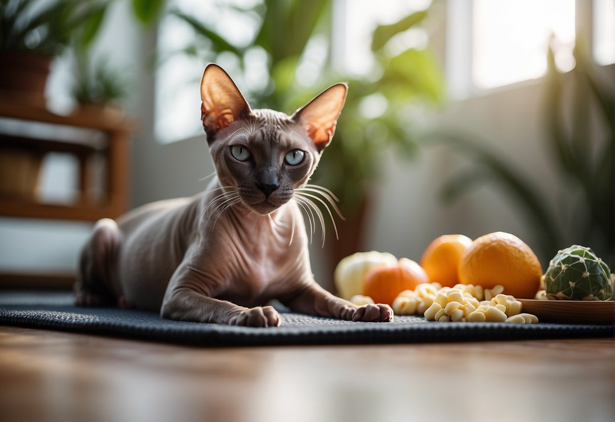 A sleek Siamese Sphynx cat lounges on a yoga mat in a sunlit room, surrounded by plants and healthy snacks