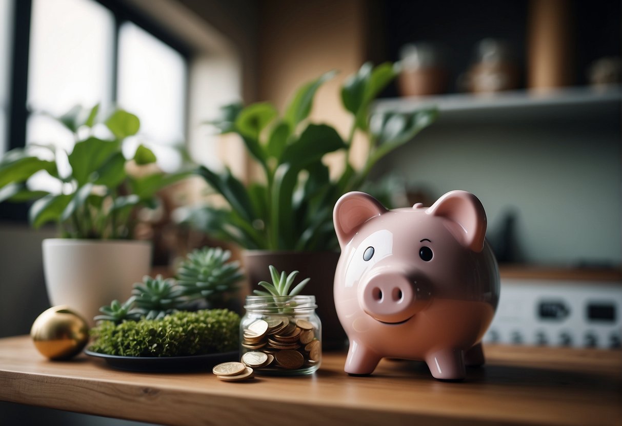 A cozy home with efficient appliances and minimalistic decor, surrounded by a lush garden. A piggy bank sits on a shelf, symbolizing savings and financial goals