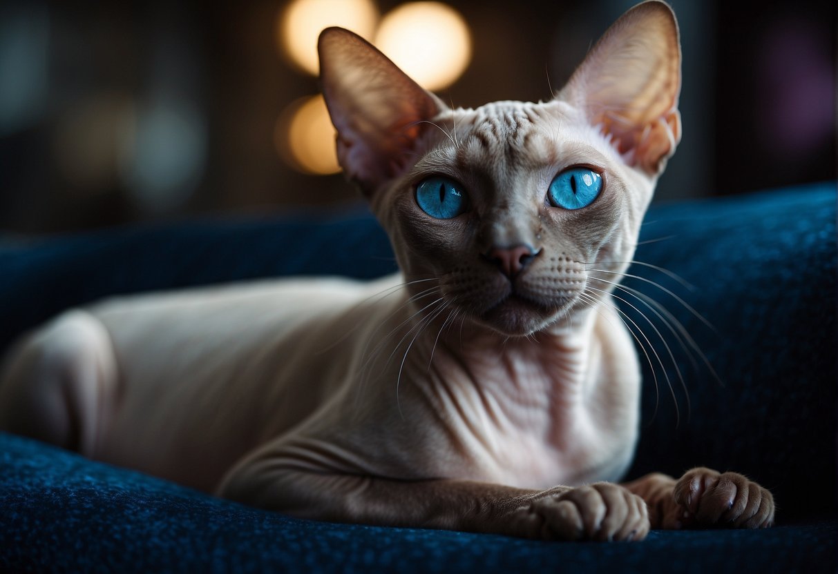 A Siamese Sphynx cat lounges on a velvet cushion, its sleek, hairless body contrasting with its striking blue eyes. A playful expression on its face, it is surrounded by various cat toys and a scratching post