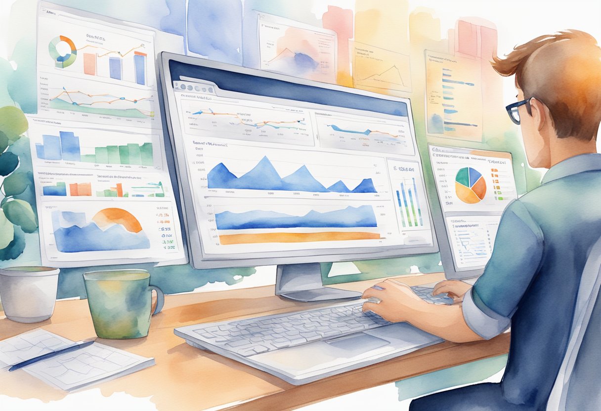 A person analyzing search engine results and competitor data on a computer screen. Multiple tabs open, charts and graphs displayed