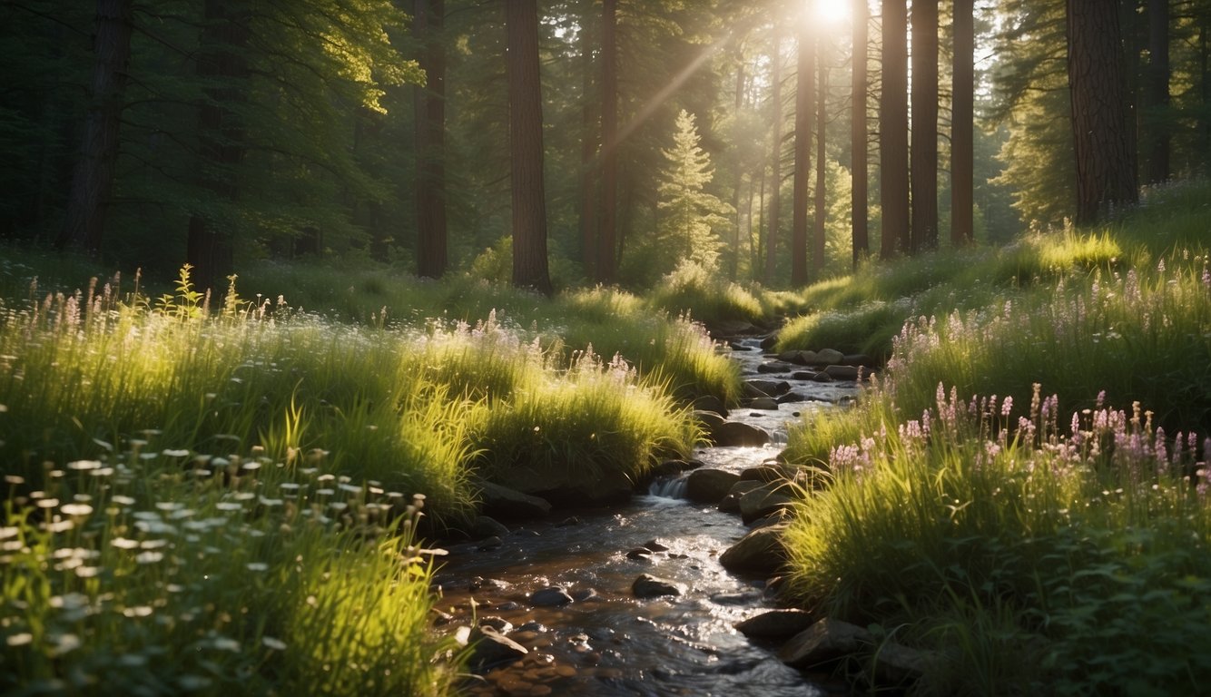 A serene forest clearing with a babbling brook, dappled sunlight, and a variety of wildflowers in bloom