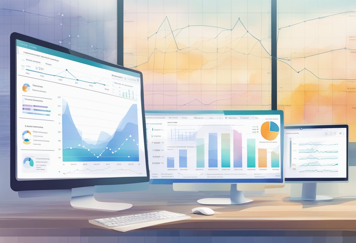 Backlink data and domain metrics being analyzed on a computer screen with various charts and graphs displayed