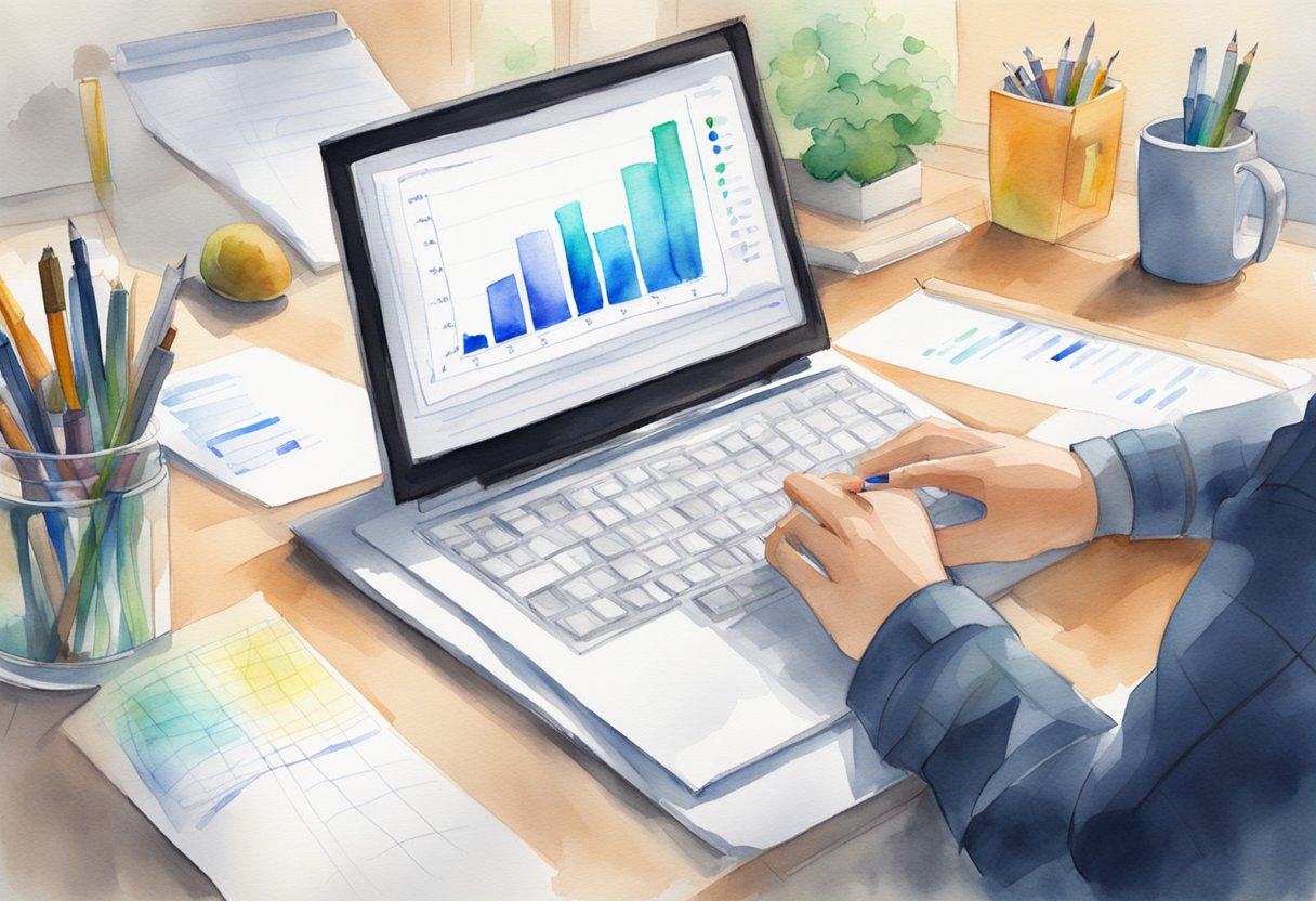 A computer screen displays a graph with a line tracking keysearch data. A hand holds a pen, ready to take notes on a clipboard