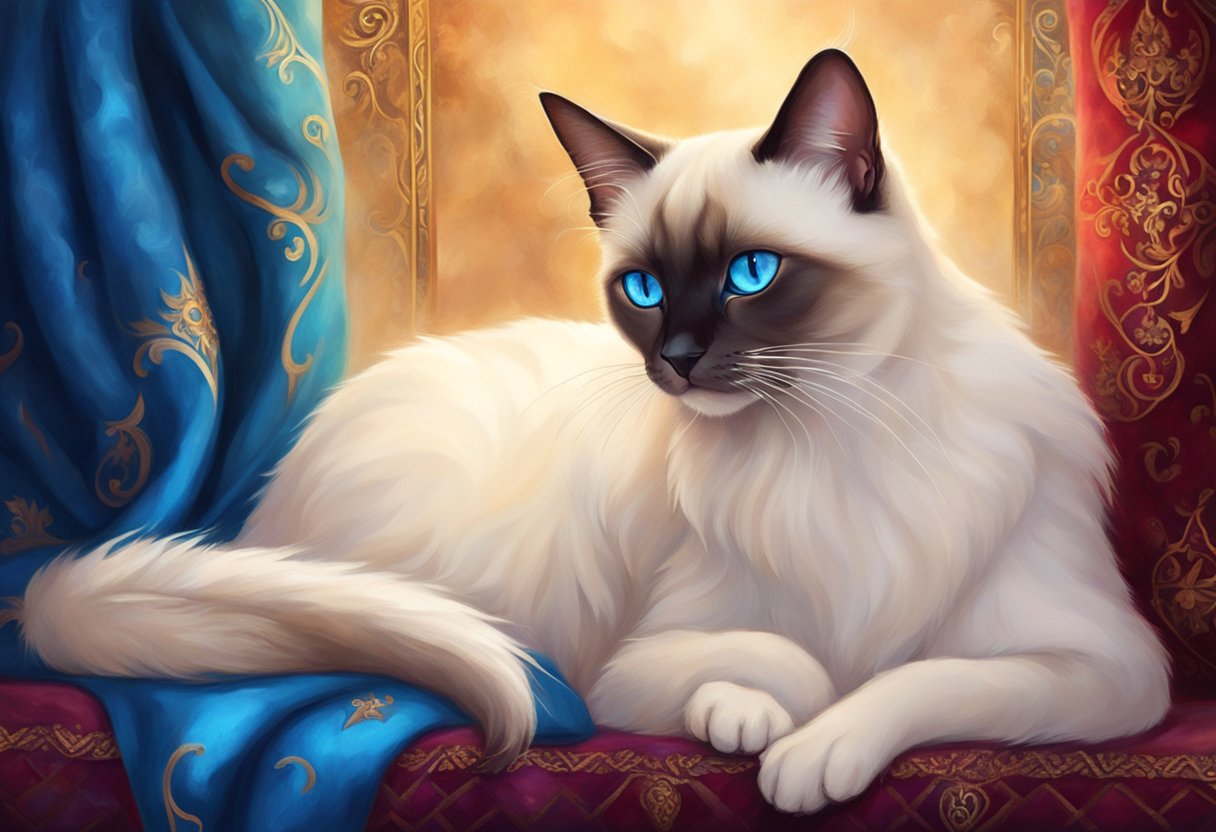 A Snowshoe Siamese cat sits gracefully on a velvet cushion, with piercing blue eyes and distinctive dark mask and ears